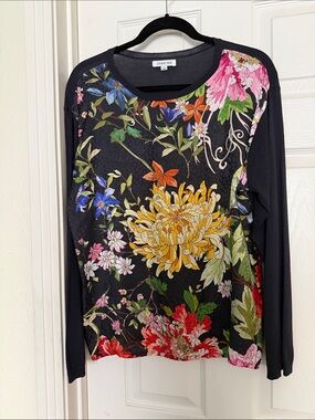 Gorgeous Johnny Was Black/Ink Floral Long-Sleeve Top with Multicolor Blooms